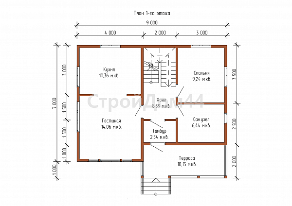 Дом из бруса 7х9 м² с террасой 2х5 м²  (ДБ-94)